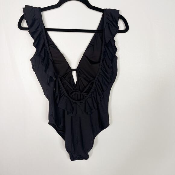 Michael Kors Womens 10 Black Ruffle Deep V Neck One Piece Swim Suit Tie Back - Picture 2 of 10